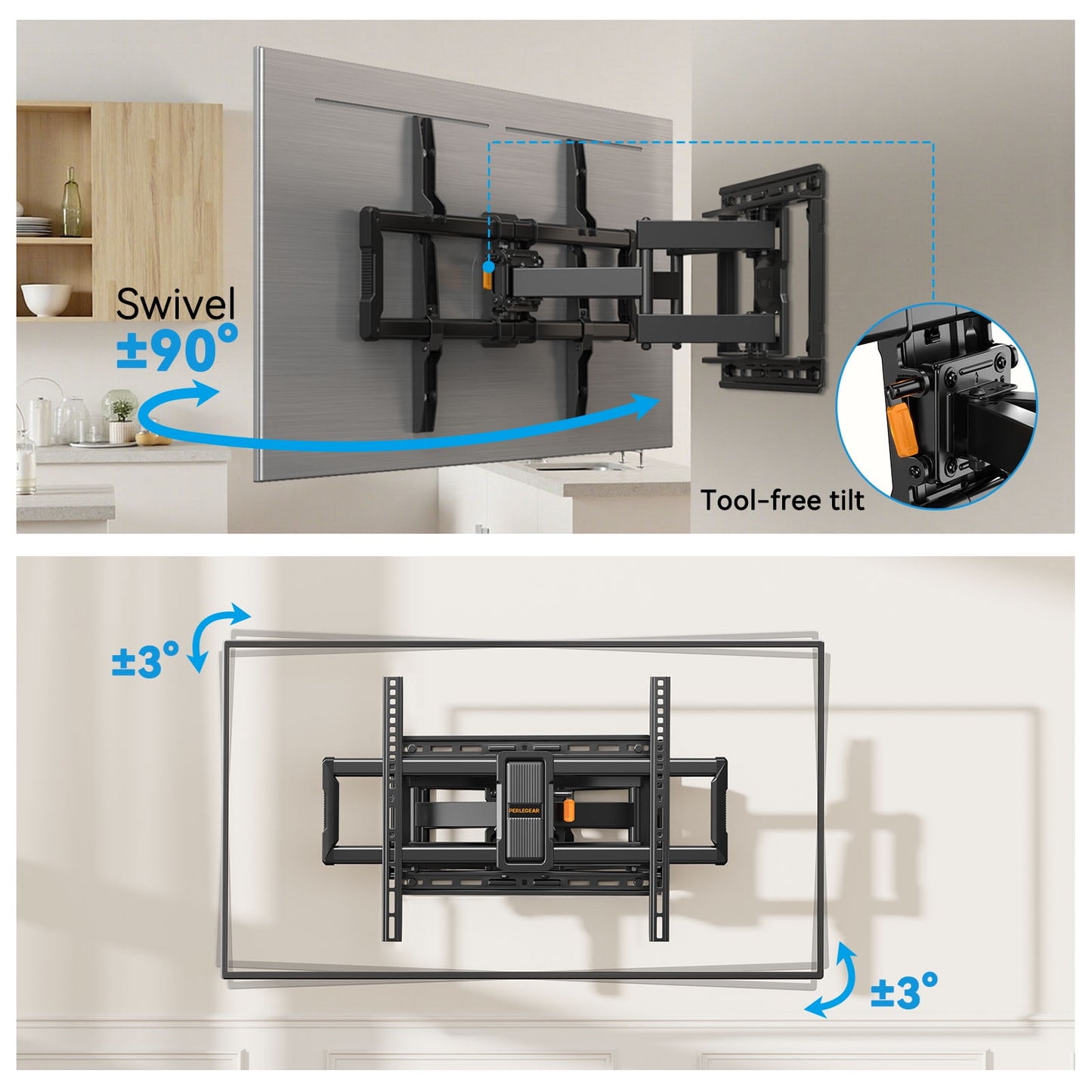 MountFTV Full Motion TV Wall Mount for 40 – 90 Inch Flat Curved TVs, Up to 132 lbs, 12"/16" Wood Studs, TV Stand with Tool-Free Tilt, Swivel, Extension,600 x 400mm