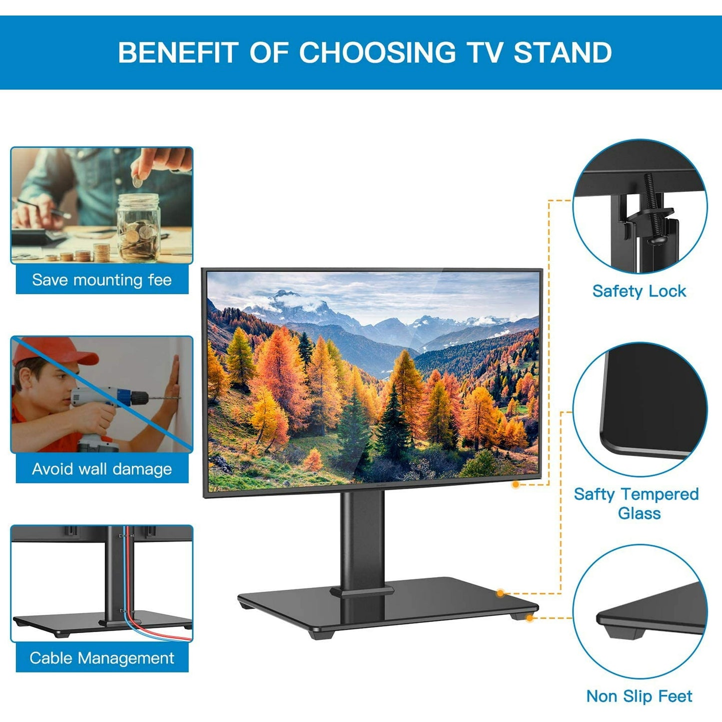 Universal TV Stand Tabletop TV Mount Stand for 32 to 60 inch Flat Screen TVs Height Adjustable with Base, Holds up to 88lbs, Max 400x400mm