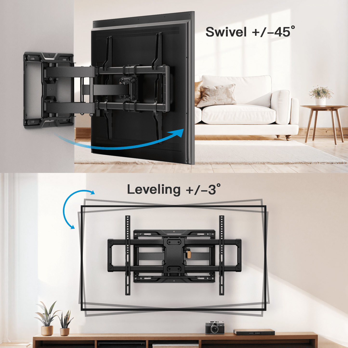 MountFTV Full Motion TV Wall Mount Bracket with Tool-Free Tilt for 42-90 Inch TVs, 6 Articulating Arms Heavy Duty TV Wall Mount, Holds up to 132 lbs, Max 600x400mm, Fits 12”/16” Wood Studs