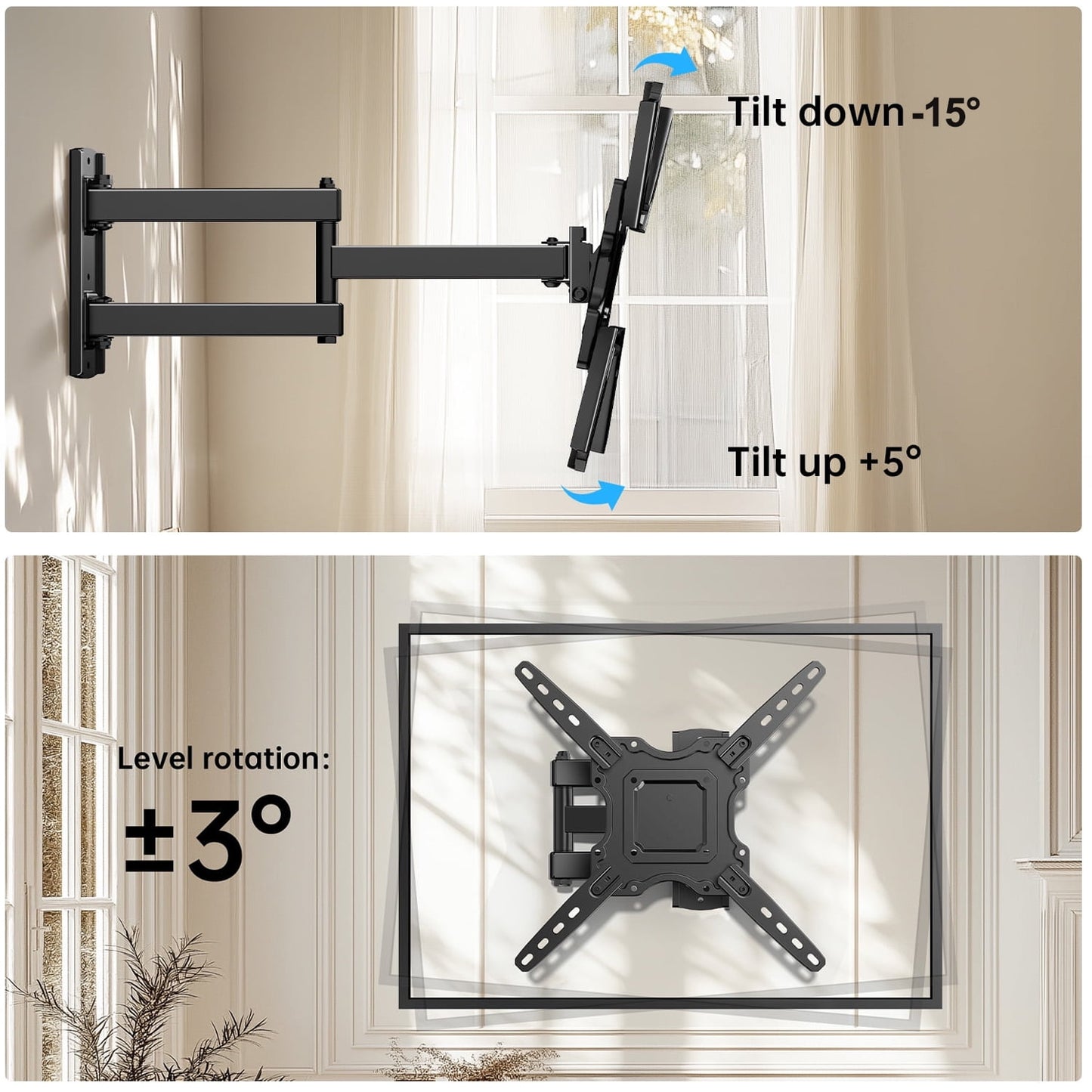 MountFTV Full Motion TV Wall Mount Bracket for 26-65 inch TVs, Corner TV Bracket Wall Mount with Extension, Tilt, Swivel, Leveling, Max 400*400mm, Holds up to 77 lbs, Single Wood Studs