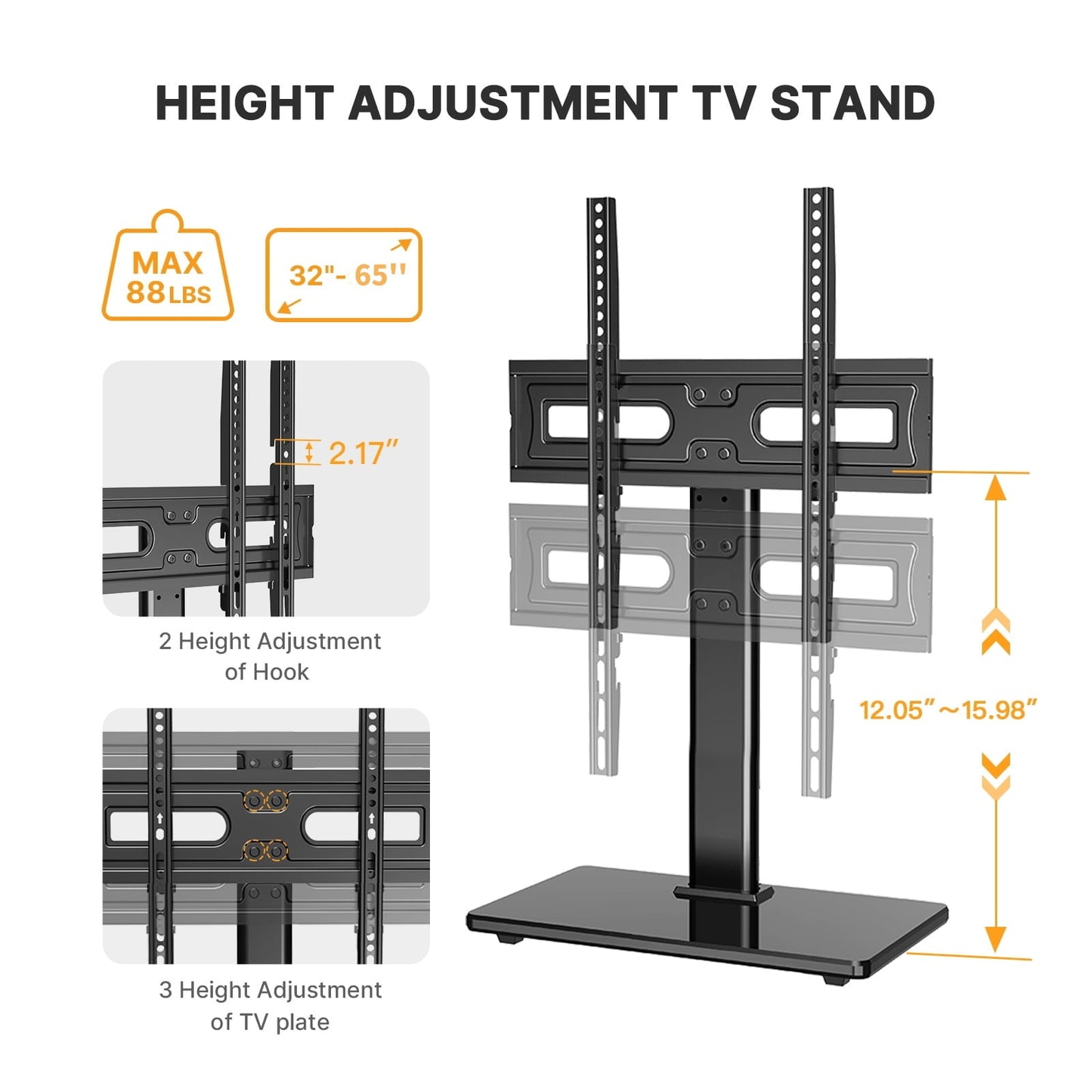 MountFTV Universal Table Top Swivel TV Stand Mount with Alloy Steel Glass Base for 32-65 inch TVs, Tabletop tv stand base with 35° Swivel, Hold up to 88Lbs, Max 400x400mm