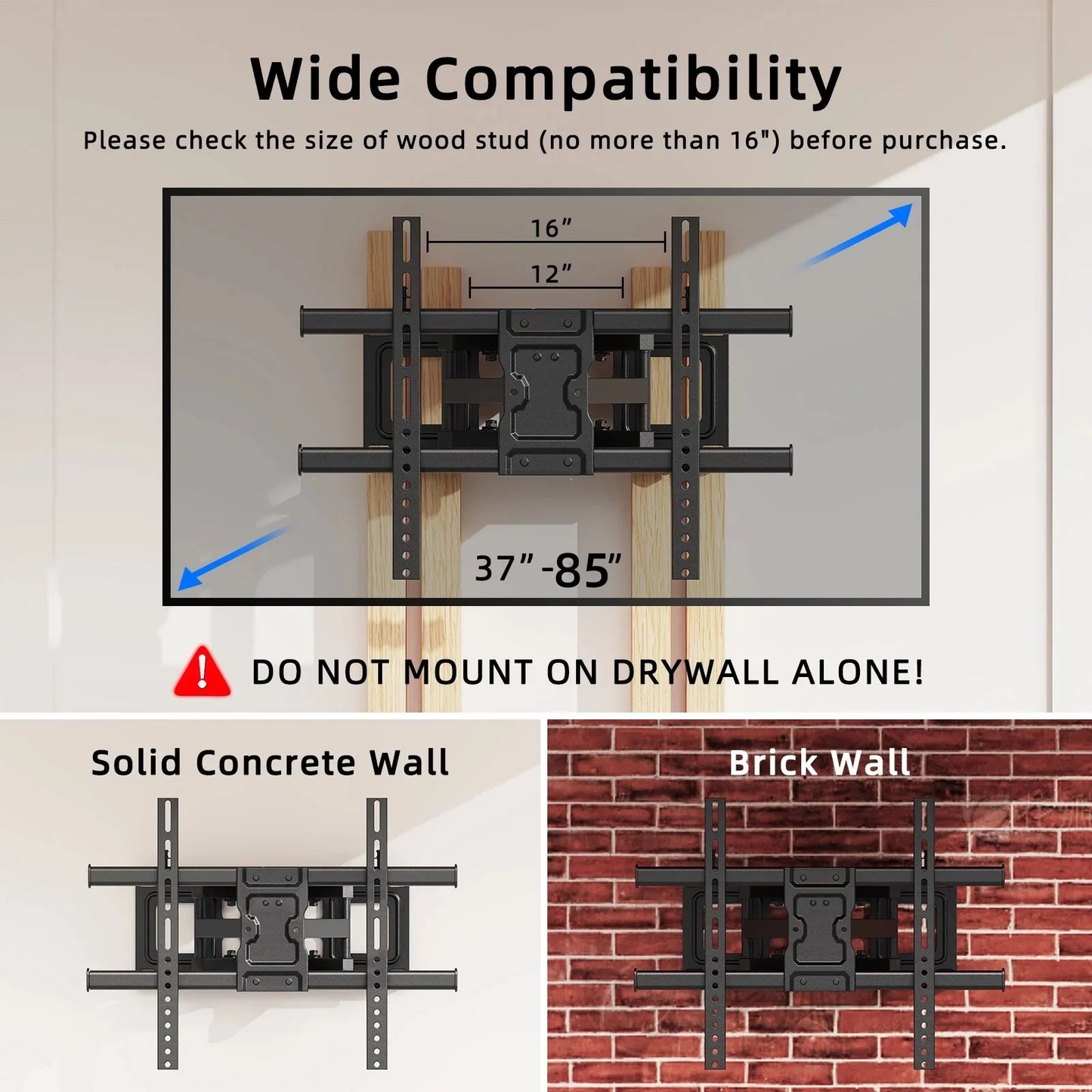 MountFTV Full Motion TV Wall Mount Bracket for Most 37-85 inch Flat Curved TVs, Holds up to 132 lbs, Max 600x400mm