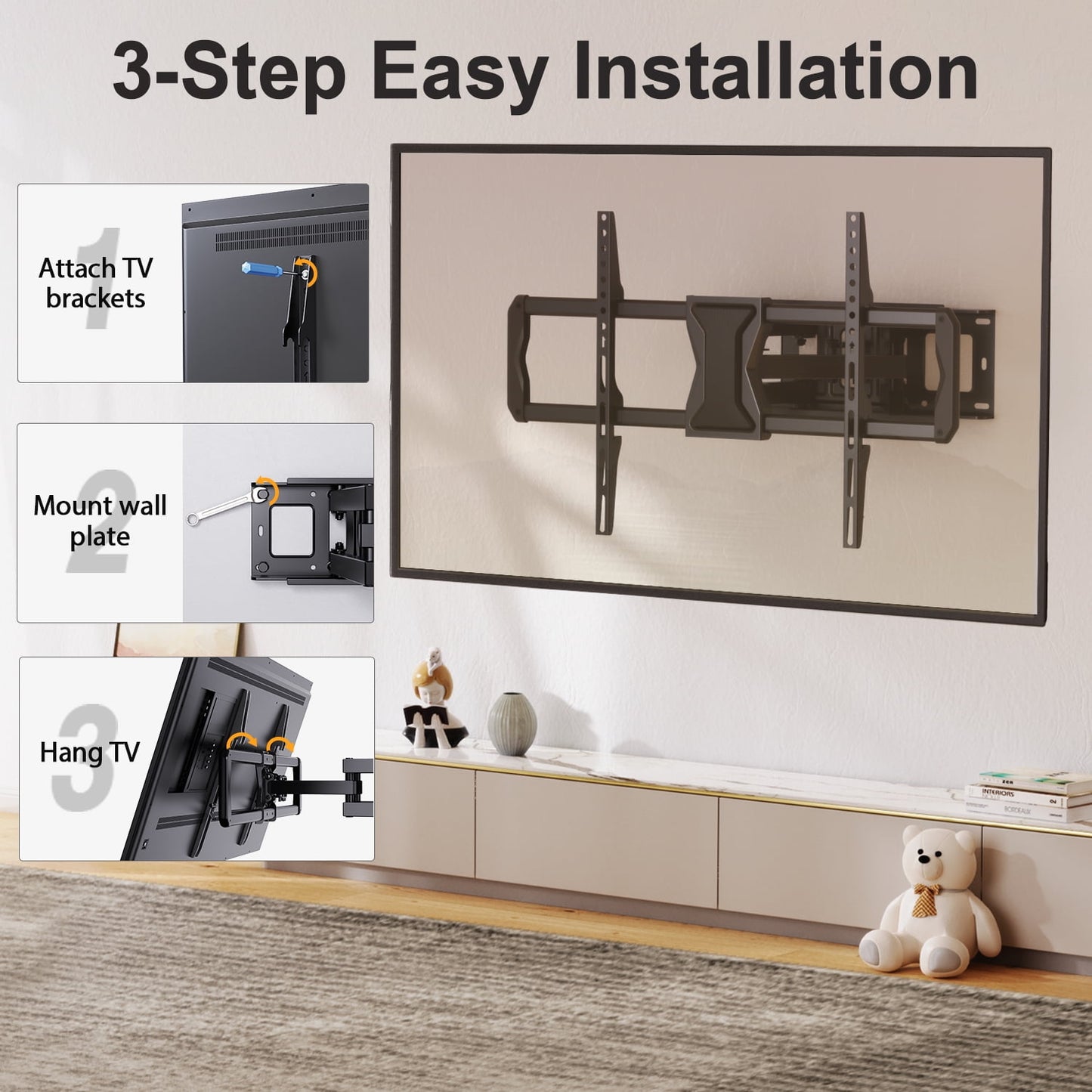 MountFTV Full Motion TV Wall Mount for 37-82" TVs with Swivel Tilt Extension, Max 600x400mm, Holds up to 110lbs, Fits 16" Wood Studs