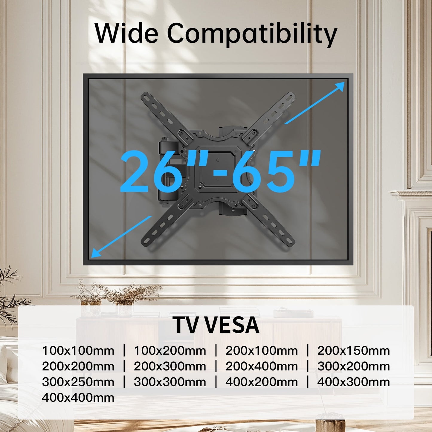 MountFTV Full Motion TV Wall Mount Bracket for 26-65 inch TVs, Corner TV Bracket Wall Mount with Extension, Tilt, Swivel, Leveling, Max 400*400mm, Holds up to 77 lbs, Single Wood Studs