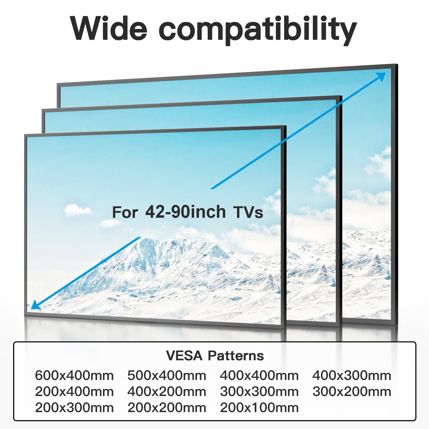 MountFTV Full Motion TV Wall Mount Bracket for 42-90 inch TVs, Heavy Duty tv wall mount with Swivels Tilts Extension, Max 600x400mm, Holds up to 132lbs, 12 /16 inch Wood Studs