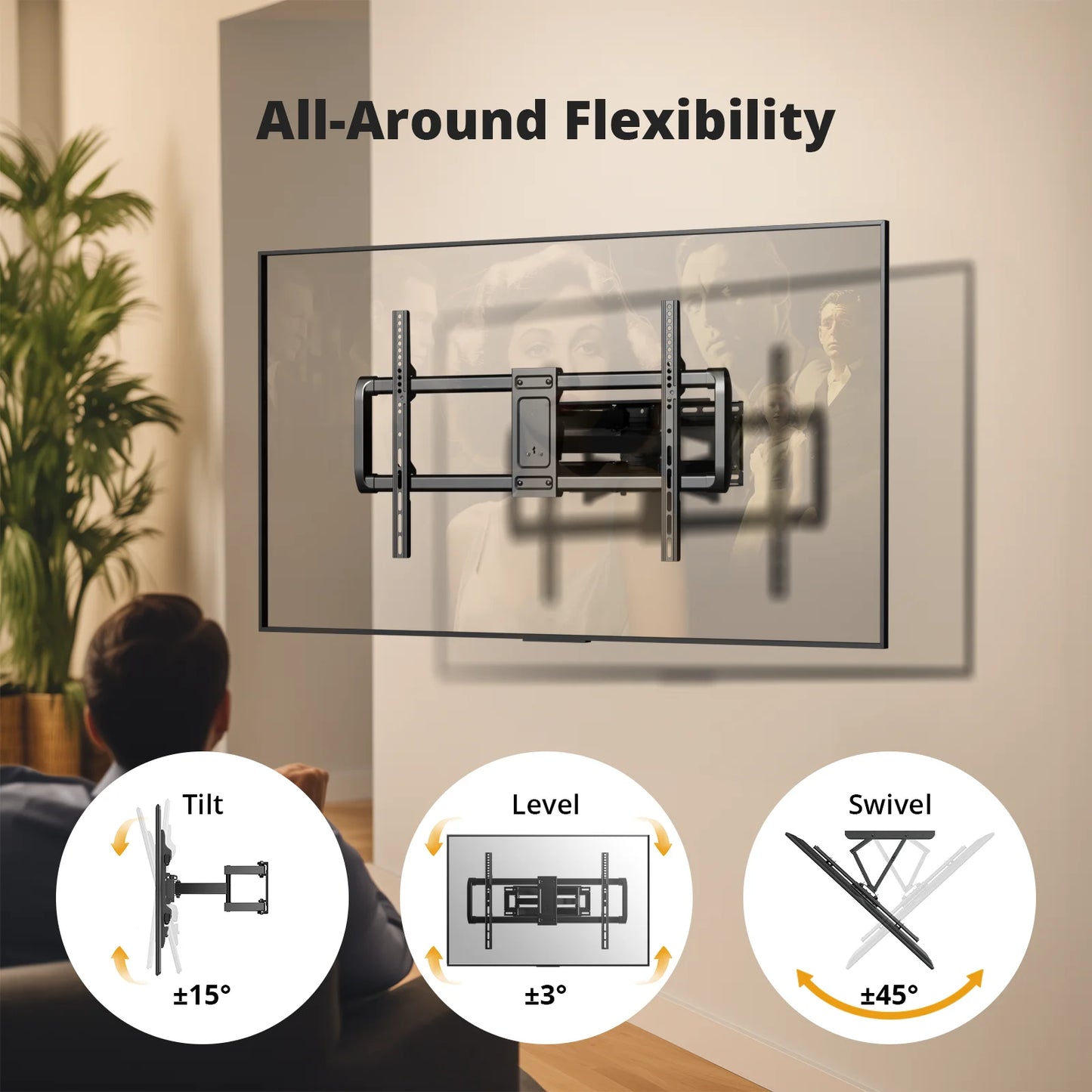 MountFTV Full Motion TV Wall Mount Bracket for Most 37-82 inch Flat and Curved TVs, Max 600x400mm, Holds up to 100 lbs,Fits 8” 12” 16" Wood Studs