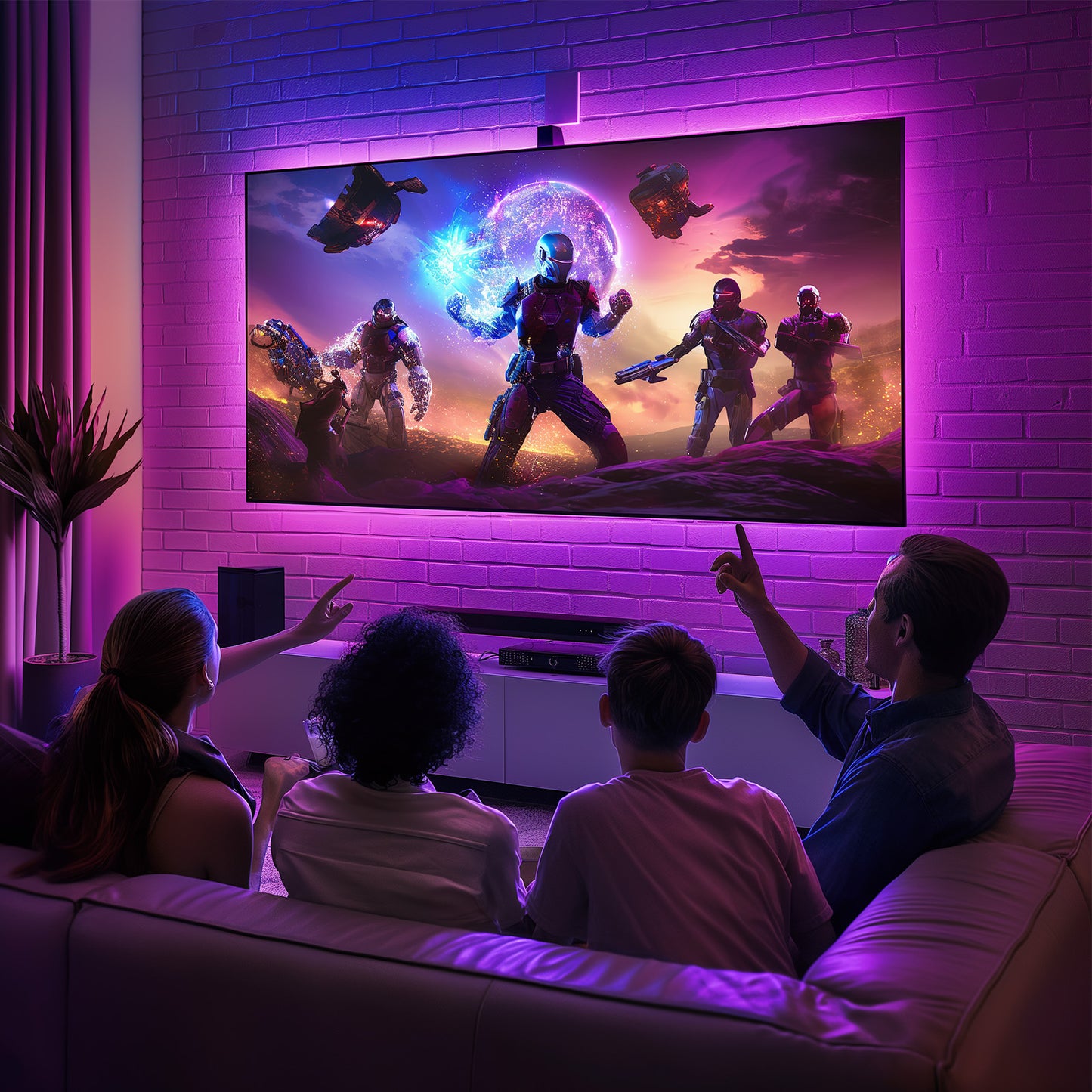 MountFTV Full Motion TV Wall Mount with Music-Sync LED Backlighting for 42-90 inch TVs up to 150 lbs, TV Wall Mount Bracket with Dual Articulating Arms, Swivel, Tilt, Max 600x400mm, Fits 12″/16″ /24″