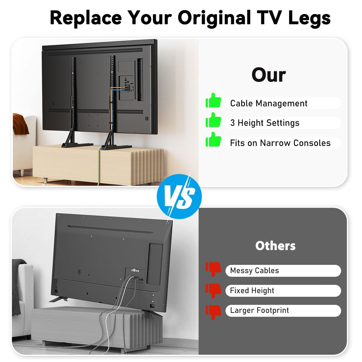 Universal Table Top TV Stand for 22 - 70 inch Flat Screen, LCD TVs Premium Height Adjustable Leg Stand Holds up to 110lbs