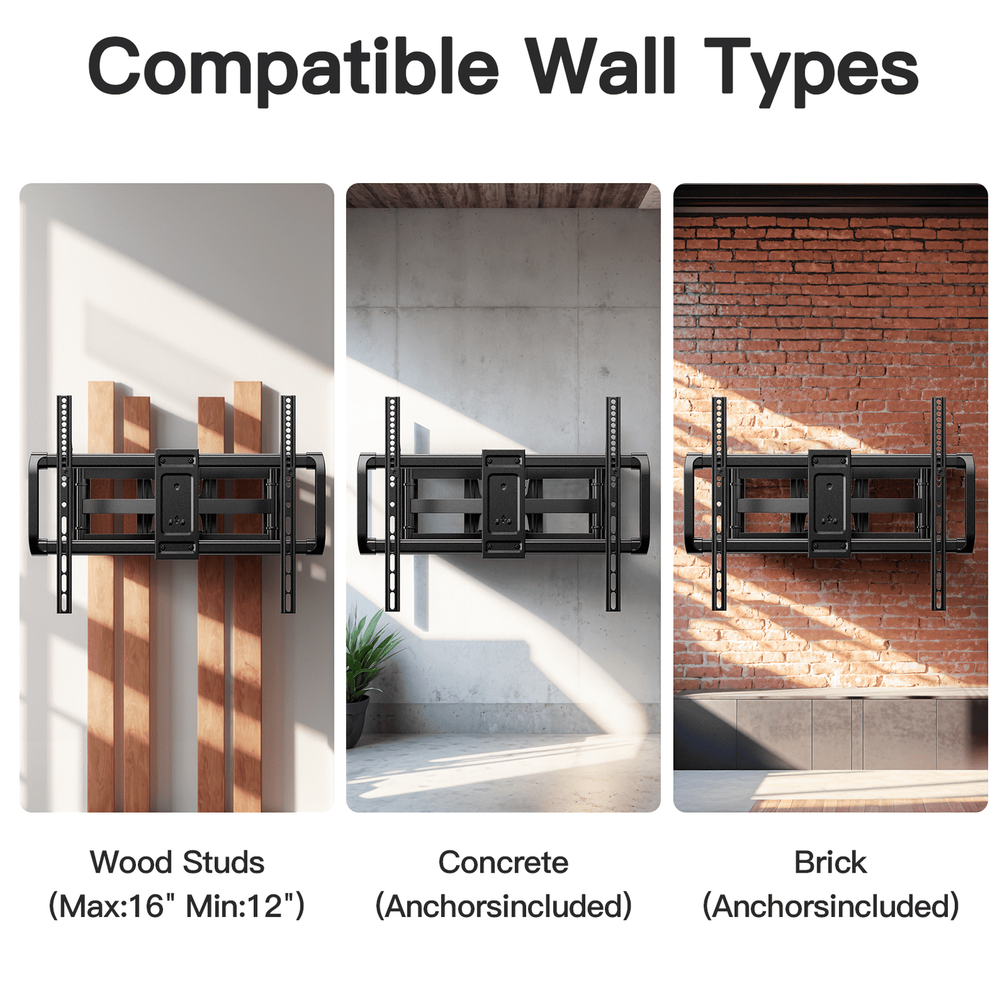 MountFTV Full Motion TV Wall Mount Bracket for 42-90 inch TVs, Heavy Duty tv wall mount with Swivels Tilts Extension, Max 600x400mm, Holds up to 132lbs, 12 /16 inch Wood Studs
