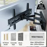 MountFTV Full Motion TV Wall Mount Bracket for 37-85 inch Flat Curved TVs, Max 600x400mm, Holds up to 110 lbs