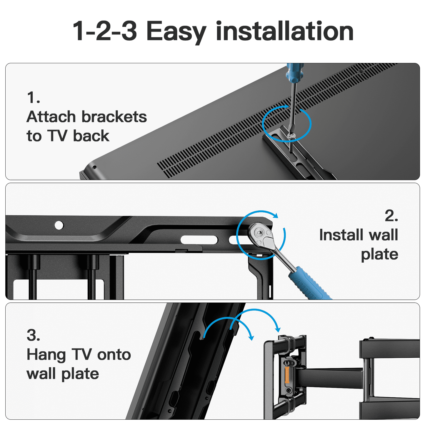MountFTV Full Motion TV Wall Mount Bracket with Tool-Free Tilt for 42-90 Inch TVs, 6 Articulating Arms Heavy Duty TV Wall Mount, Holds up to 132 lbs, Max 600x400mm, Fits 12”/16” Wood Studs