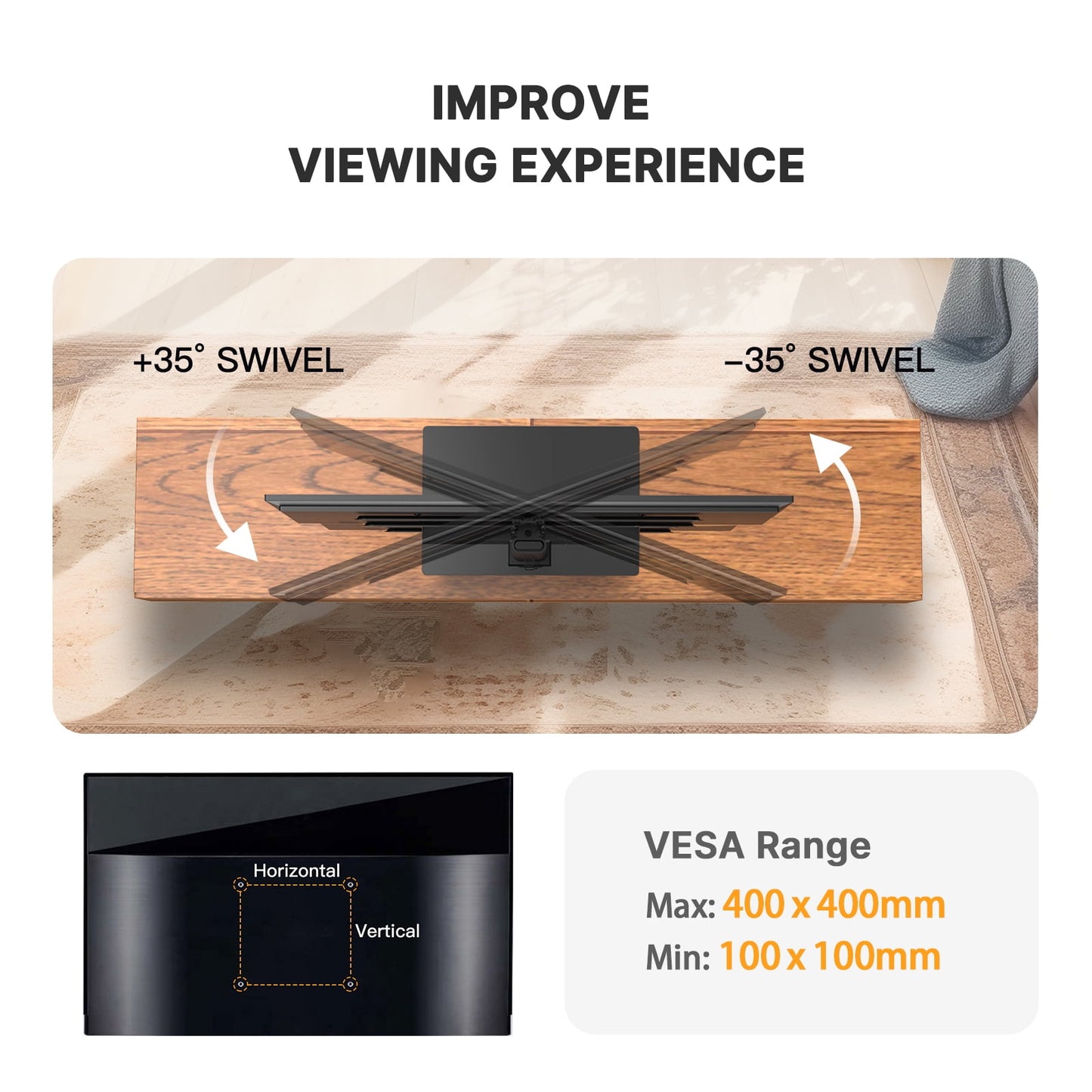 MountFTV Universal Table Top Swivel TV Stand Mount with Alloy Steel Glass Base for 32-65 inch TVs, Tabletop tv stand base with 35° Swivel, Hold up to 88Lbs, Max 400x400mm