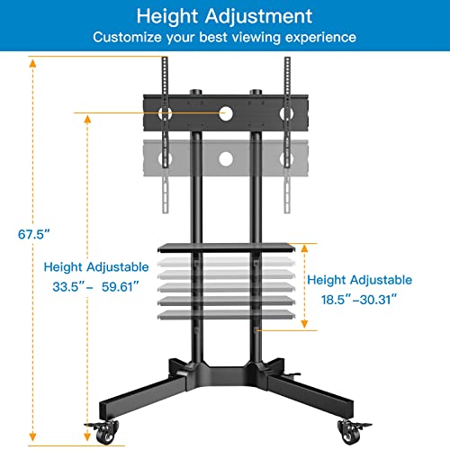 PERLESMITH Mobile TV Cart with Wheels for 32-85 Inch Flat Curved Screen TVs- UL Certificated Height Adjustable Rolling TV Stand Hold Up to 132 lbs- Floor TV Stand with Tray Max VESA 600x400mm PSTVMC01