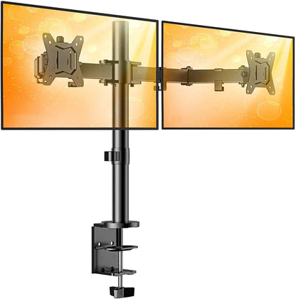 Dual Monitor Stand for 13 to 32 Inch Screens, Desk Mount with C-Clamp, Each Arm Holds 17.6 lbs, Double Monitor Mount Full Motion Adjustability for Height, Swivel, Tilt, and Rotation, Max 100x100mm