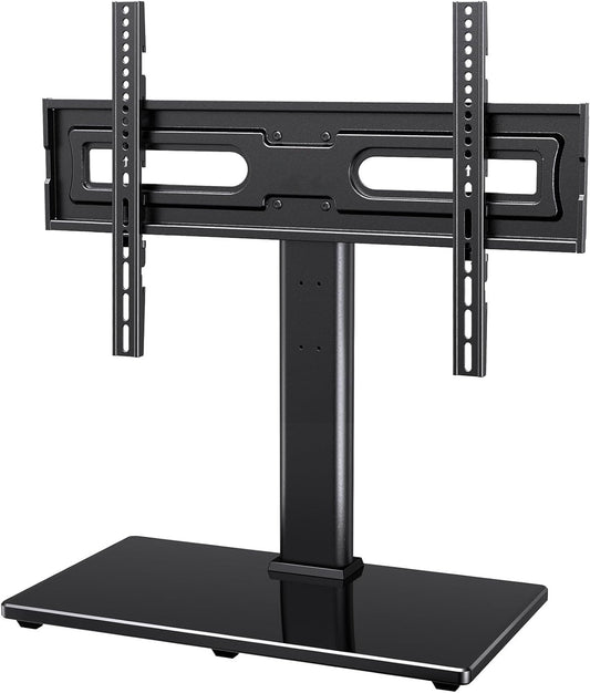 MountFTV Universal Table Top TV Stand for 32-80" Flat Screen TVs, Max 600x400mm, Up to 110 lbs, Tabletop TV Mount with 9 Height Adjustable, Alloy Steel Glass Base