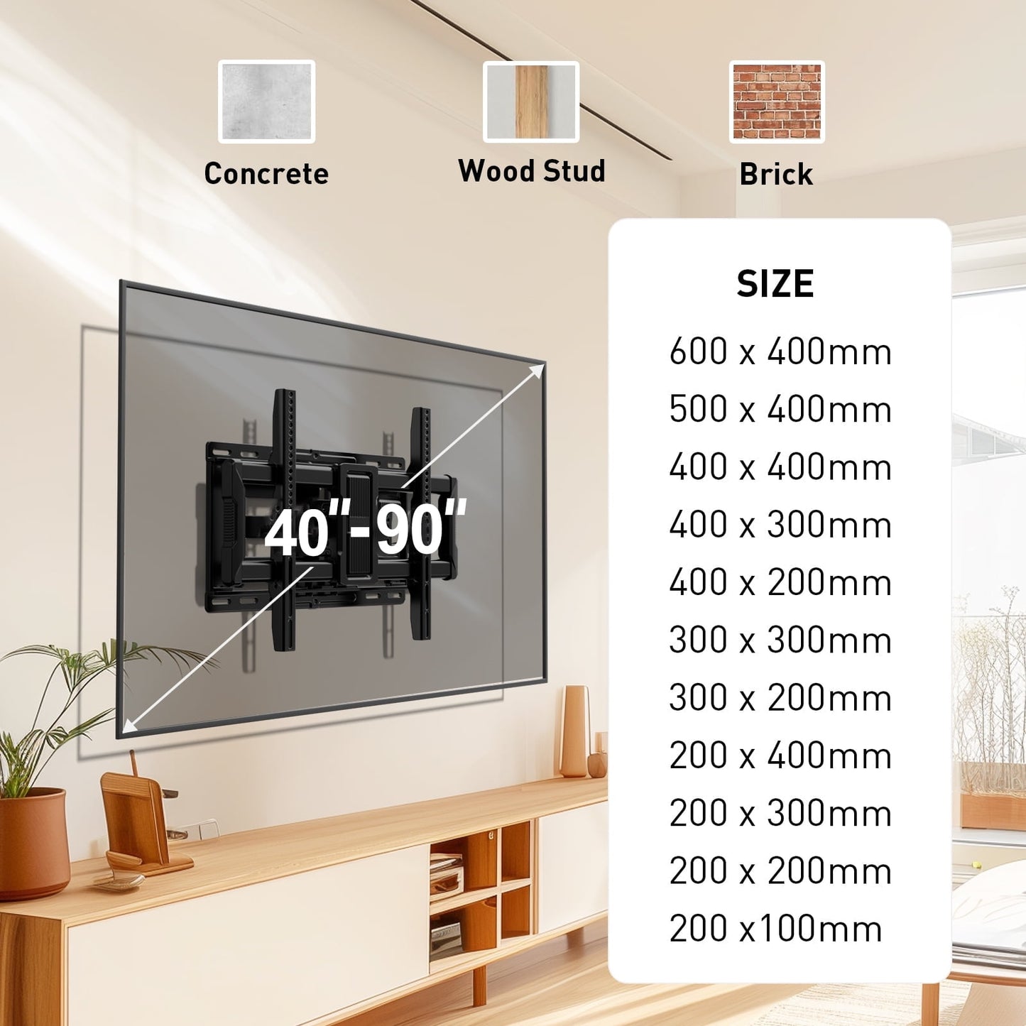 MountFTV Full Motion TV Wall Mount for 40 – 90 Inch Flat Curved TVs, Up to 132 lbs, 12"/16" Wood Studs, TV Stand with Tool-Free Tilt, Swivel, Extension,600 x 400mm