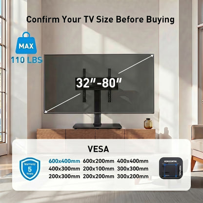 MountFTV Universal Table Top TV Stand for 32-80" Flat Screen TVs, Max 600x400mm, Up to 110 lbs, Tabletop TV Mount with 9 Height Adjustable, Alloy Steel Glass Base