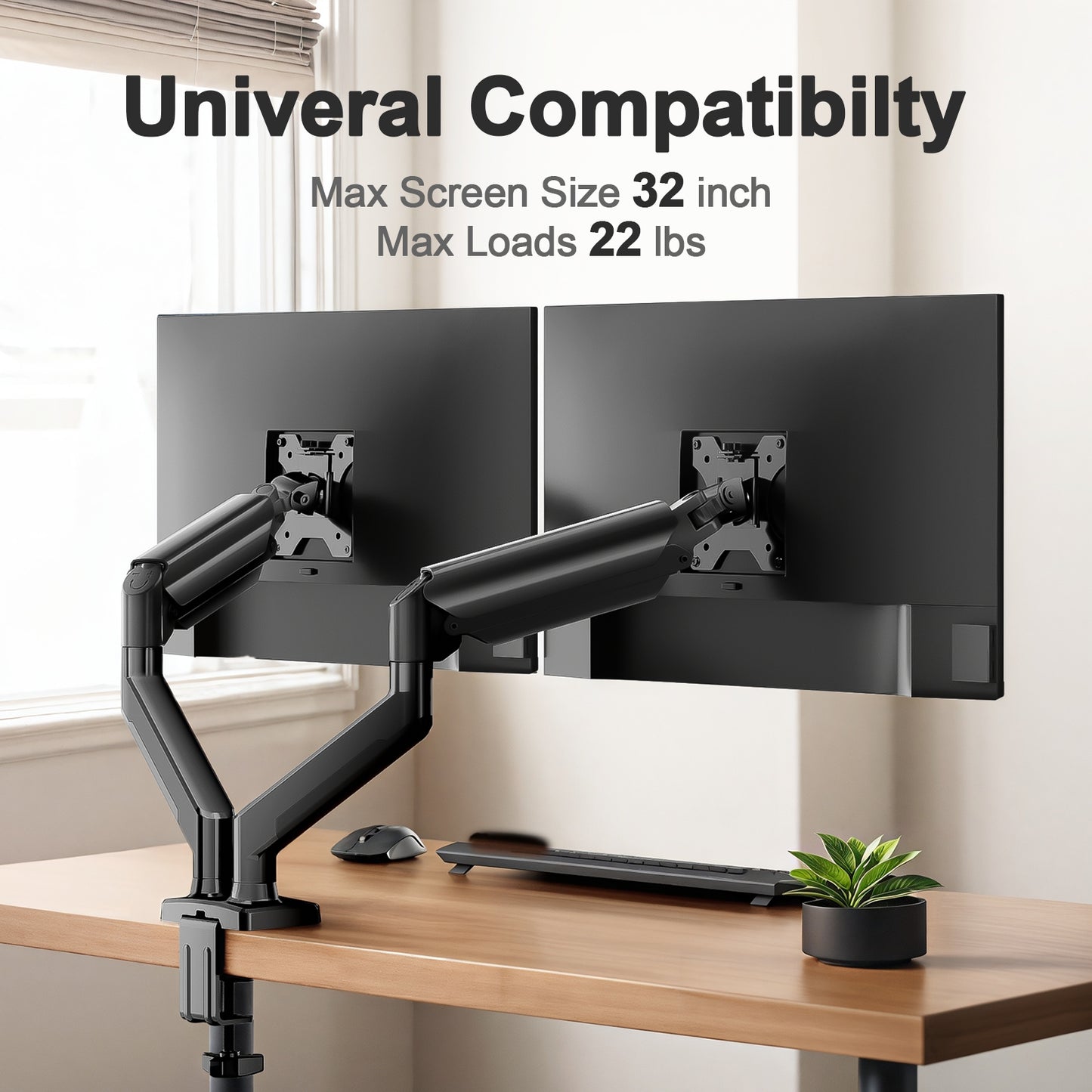 Dual Monitor Mount Stand for 13-32 inch Screens, 360° Heavy Duty Adjustable Arm Desk Mount with Tilt, Swivel, Rotation, Holds Up to 22lbs per Monitor Arm