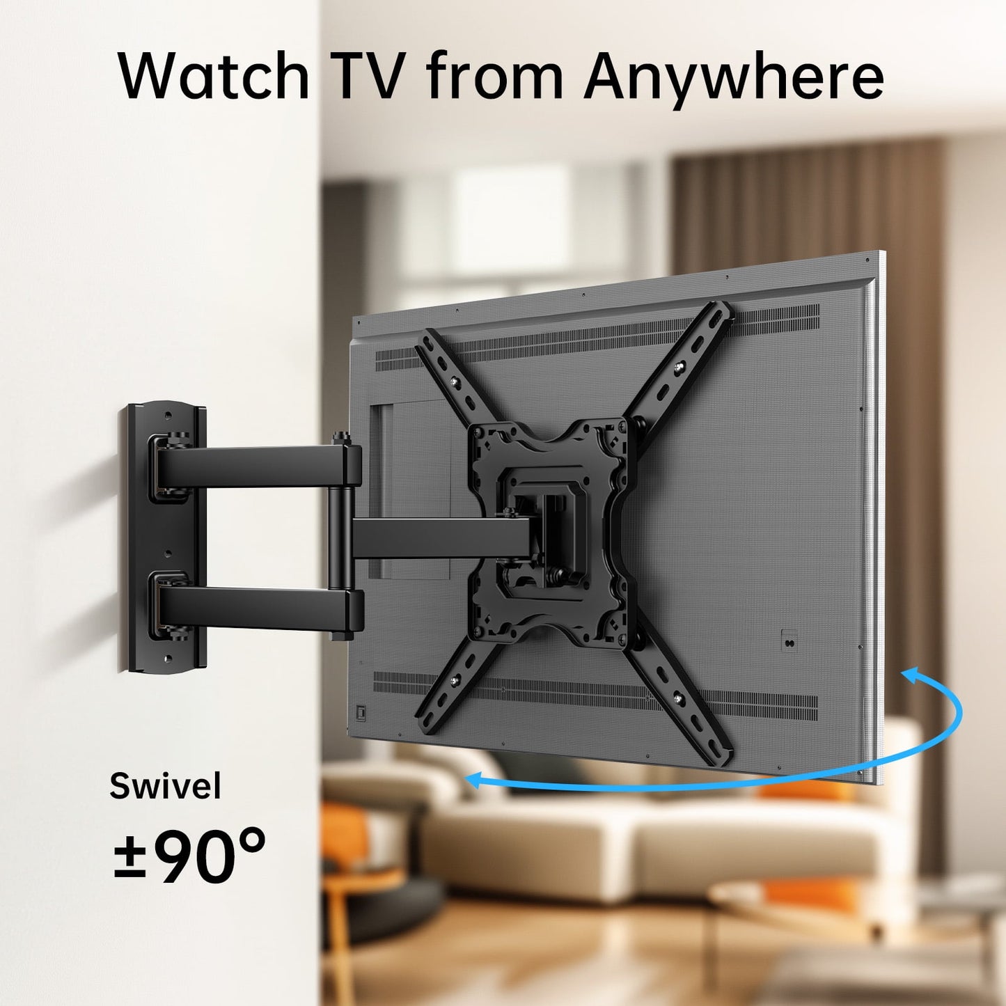 MountFTV Full Motion TV Wall Mount Bracket for 26-65 inch TVs, Corner TV Bracket Wall Mount with Extension, Tilt, Swivel, Leveling, Max 400*400mm, Holds up to 77 lbs, Single Wood Studs