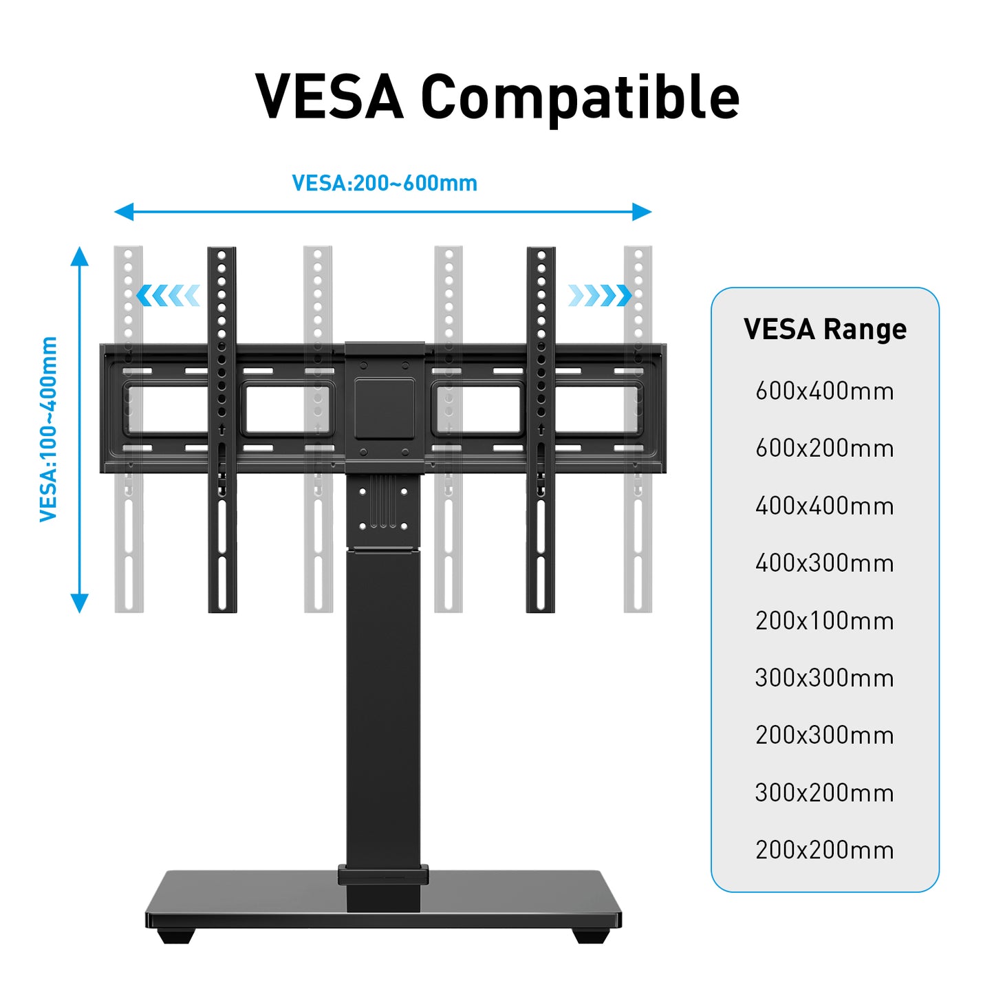 MountFTV Universal Table Top TV Stand for 32-80" Flat Screen TVs, Max 600x400mm, Up to 110 lbs, Tabletop TV Mount with 9 Height Adjustable, Alloy Steel Glass Base