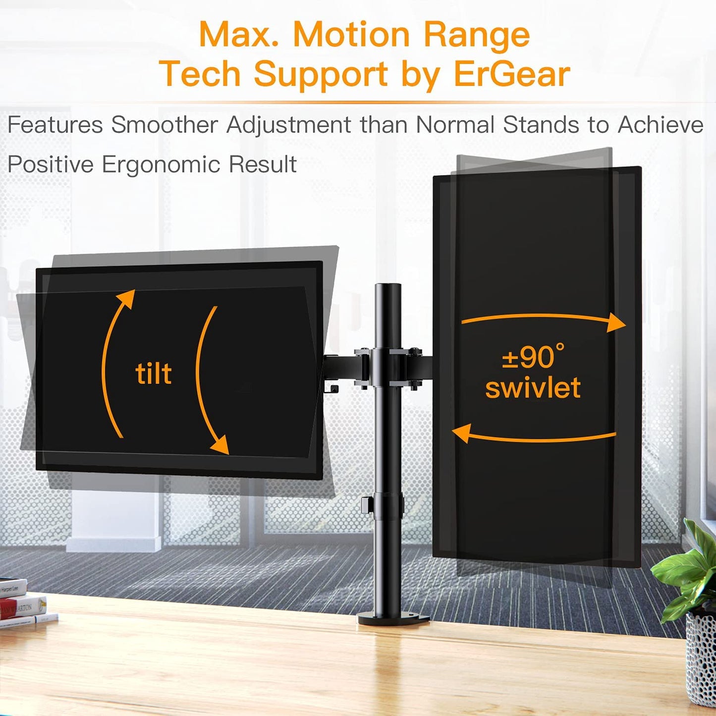 Dual Monitor Stand for 13 to 32 Inch Screens, Desk Mount with C-Clamp, Each Arm Holds 17.6 lbs, Double Monitor Mount Full Motion Adjustability for Height, Swivel, Tilt, and Rotation, Max 100x100mm