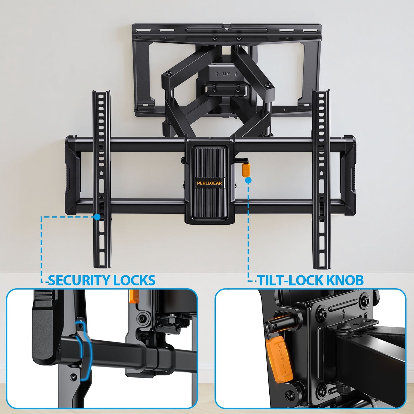 MountFTV Full Motion TV Wall Mount for 40 – 90 Inch Flat Curved TVs, Up to 132 lbs, 12"/16" Wood Studs, TV Stand with Tool-Free Tilt, Swivel, Extension,600 x 400mm