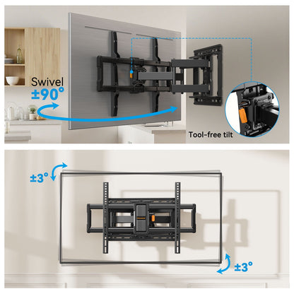 MountFTV Full Motion TV Wall Mount for 40 – 90 Inch Flat Curved TVs, Up to 132 lbs, 12"/16" Wood Studs, TV Stand with Tool-Free Tilt, Swivel, Extension,600 x 400mm