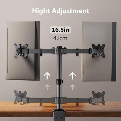 Dual Monitor Stand for 13 to 32 Inch Screens, Desk Mount with C-Clamp, Each Arm Holds 17.6 lbs, Double Monitor Mount Full Motion Adjustability for Height, Swivel, Tilt, and Rotation, Max 100x100mm