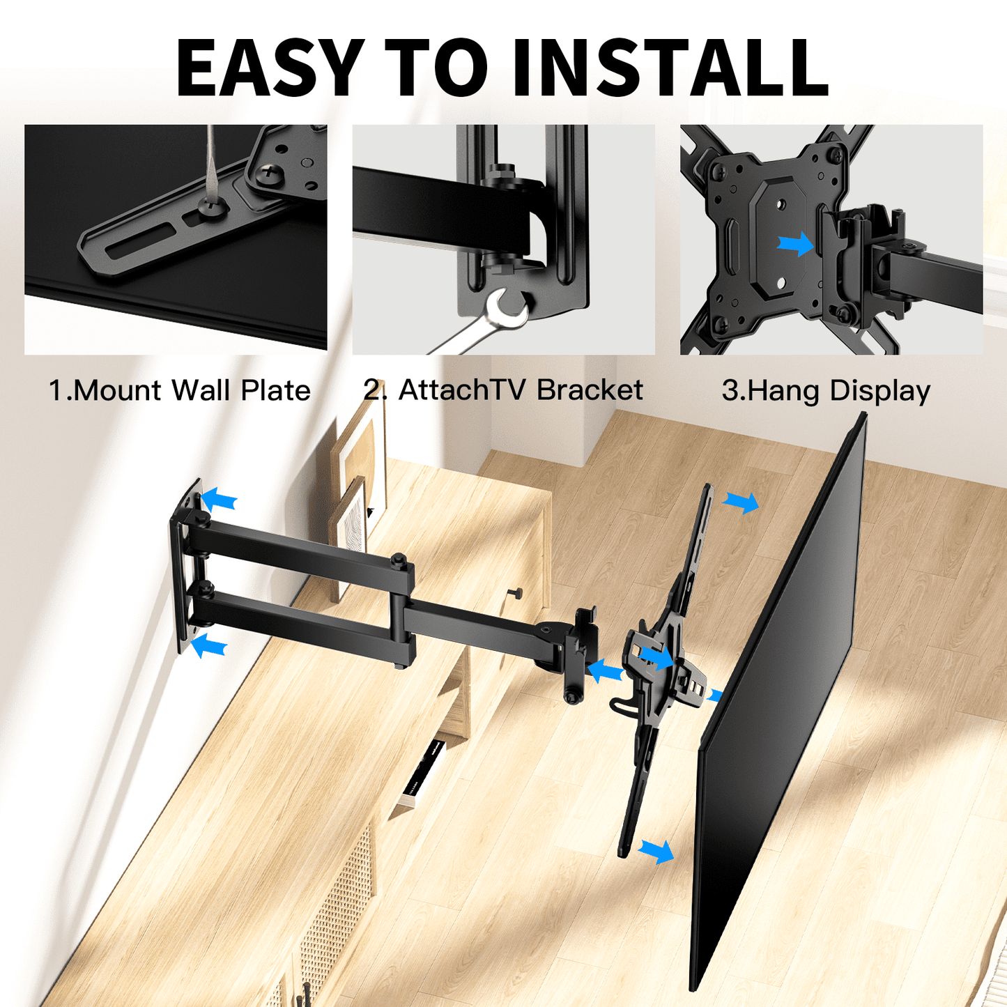 MountFTV Full Motion TV Wall Mount Bracket 360°Rotation for 13-42 inch Flat Curved Screen Universal TVs & Monitors, Max 200x200mm, Holds up to 44 lbs