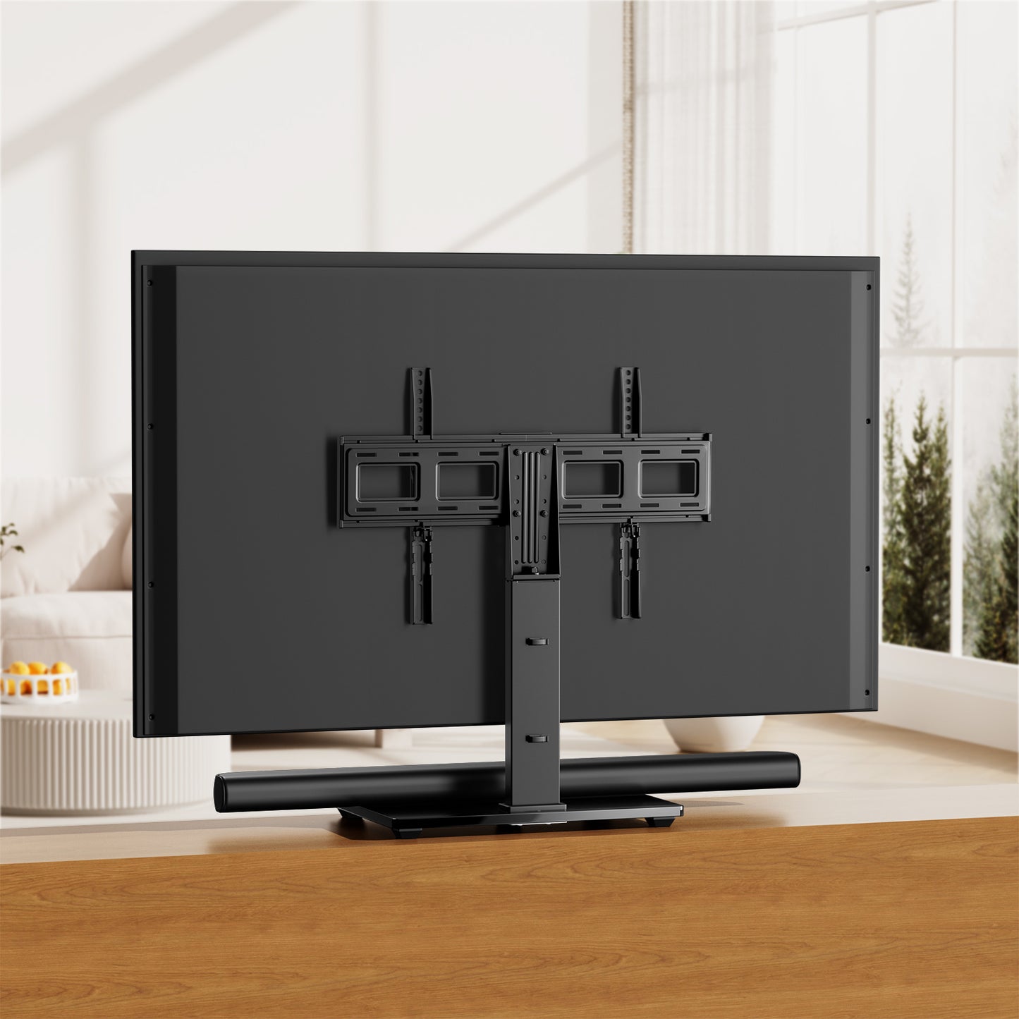 MountFTV Universal Table Top TV Stand for 32-80" Flat Screen TVs, Max 600x400mm, Up to 110 lbs, Tabletop TV Mount with 9 Height Adjustable, Alloy Steel Glass Base