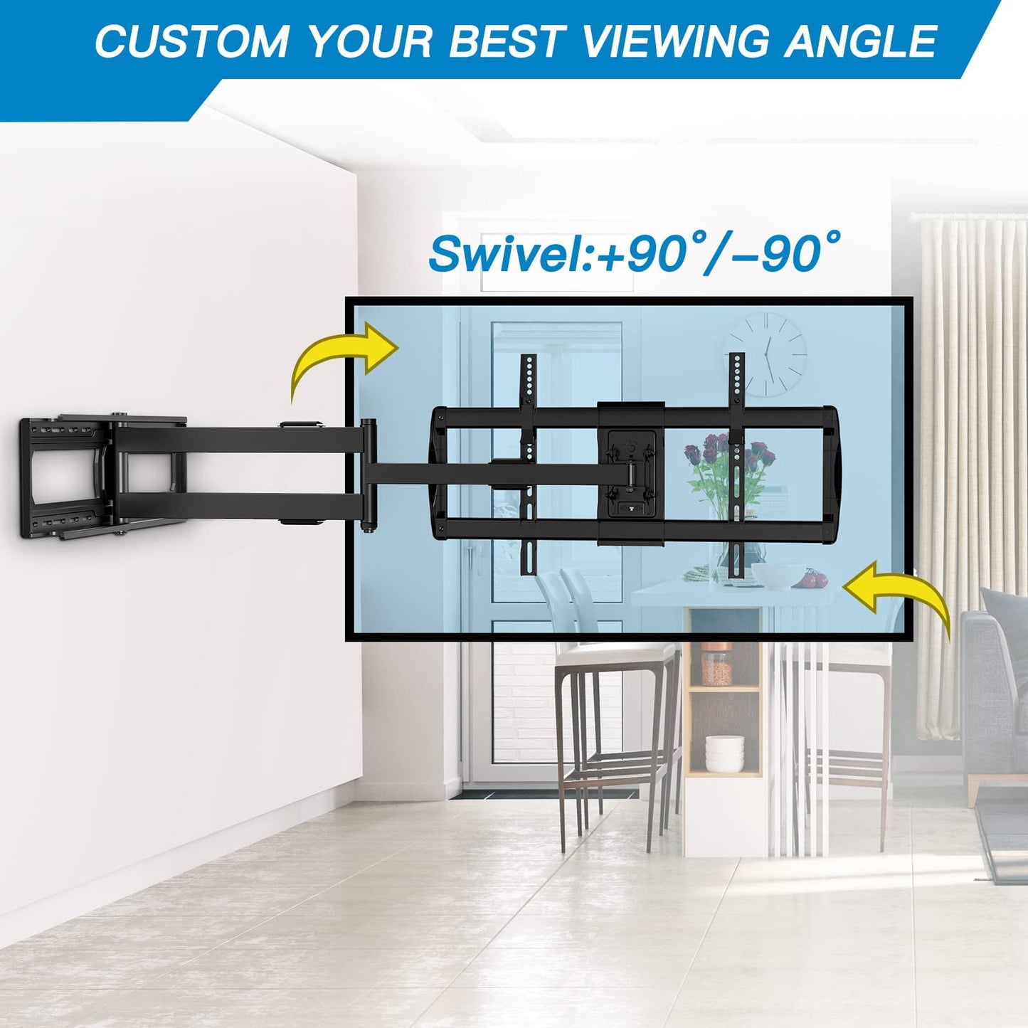 MountFTV Full Motion Long Arm TV Wall Mount for 42-90 inch TVs, Corner Articulating TV Mount Bracket with 42.72 inch Long Arm Extension, Swivel and Tilt, Max 800x400mm, Holds up to 150 lbs