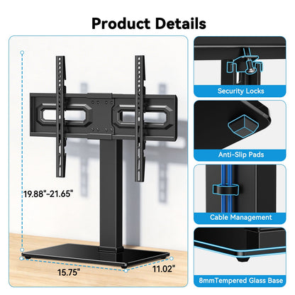 MountFTV Universal Swivel TV Stand with Power Outlet for 32-80 inch TVs up to 99 lbs, Table Top TV Stand Mount with 6 Height Adjustable, Tempered Glass Base,Max 600x400mm