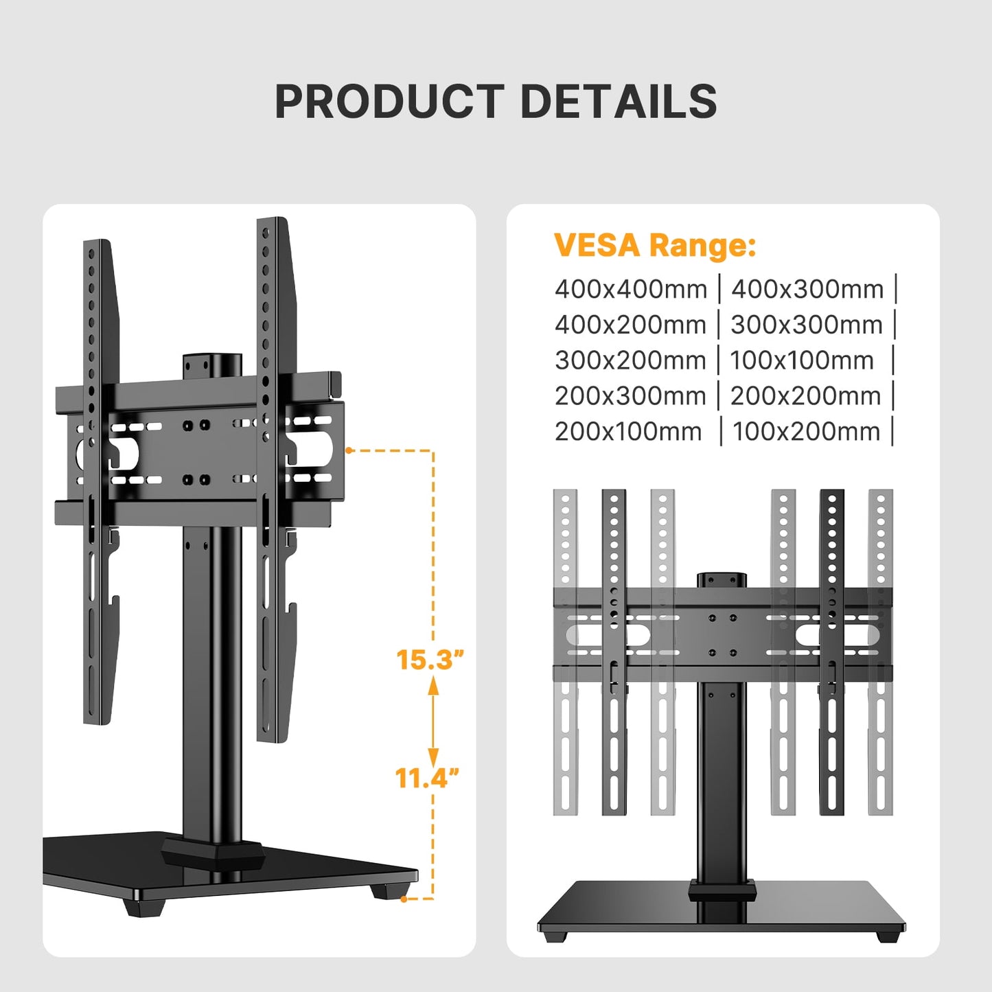 MountFTV Universal Swivel TV Stand for 32–55 inch TVs, Height Adjustable Table Top TV Stand Mount with Tilt, Tempered Glass Base, Holds up to 90 lbs, Max 400x400mm