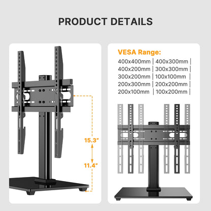 MountFTV Universal Swivel TV Stand for 32–55 inch TVs, Height Adjustable Table Top TV Stand Mount with Tilt, Tempered Glass Base, Holds up to 90 lbs, Max 400x400mm