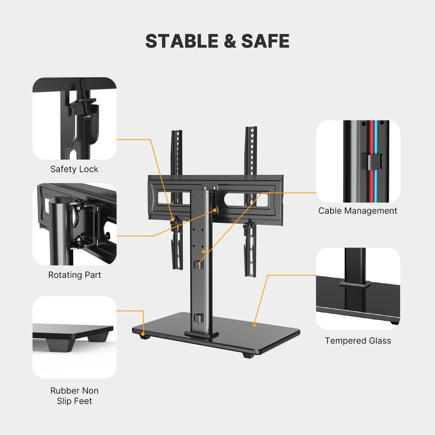 MountFTV Universal Table Top Swivel TV Stand Mount with Alloy Steel Glass Base for 32-65 inch TVs, Tabletop tv stand base with 35° Swivel, Hold up to 88Lbs, Max 400x400mm