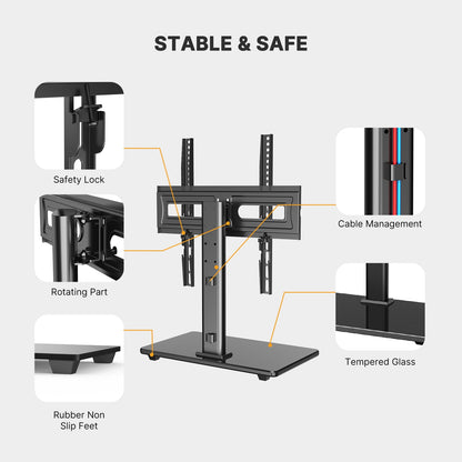 MountFTV Universal Table Top Swivel TV Stand Mount with Alloy Steel Glass Base for 32-65 inch TVs, Tabletop tv stand base with 35° Swivel, Hold up to 88Lbs, Max 400x400mm