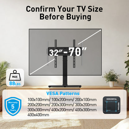 MountFTV Universal Table Top Swivel TV Stand with LED Lights for 32-70 inch TVs, 9 Height Adjustable Tabletop tv stand Mount with 35° Swivel and Tilt , Holds up to 88 lbs, Max 400x400mm