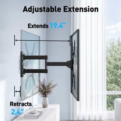 MountFTV Full Motion TV Wall Mount for 26-60 inch TVs, Three-Arm Rotatable Corner TV Mount Bracket with Extension, Swivel Tilt Level, Max 400x400mm, Holds up to 77 lbs, Single Stud