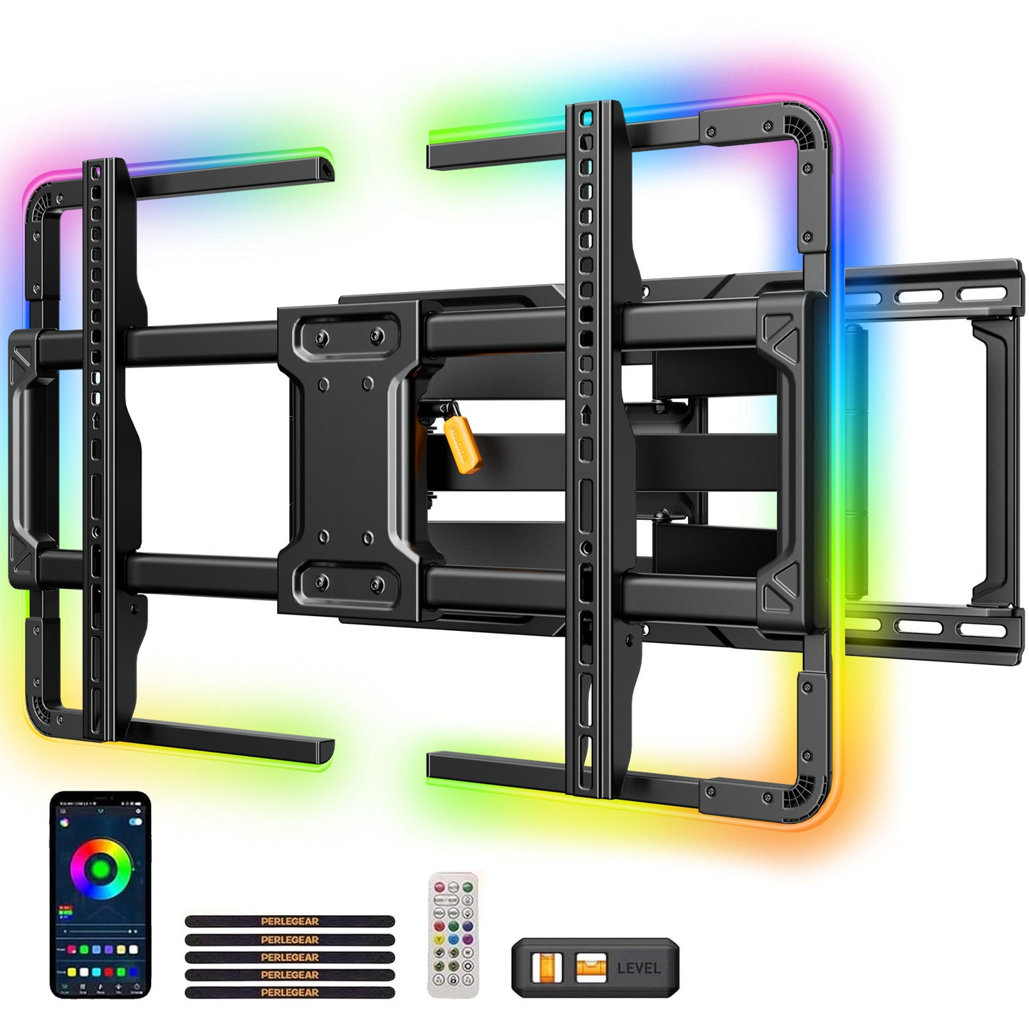 MountFTV Full Motion TV Wall Mount with Music-Sync LED Backlighting for 42-90 inch TVs up to 150 lbs, TV Wall Mount Bracket with Dual Articulating Arms, Swivel, Tilt, Max 600x400mm, Fits 12″/16″ /24″