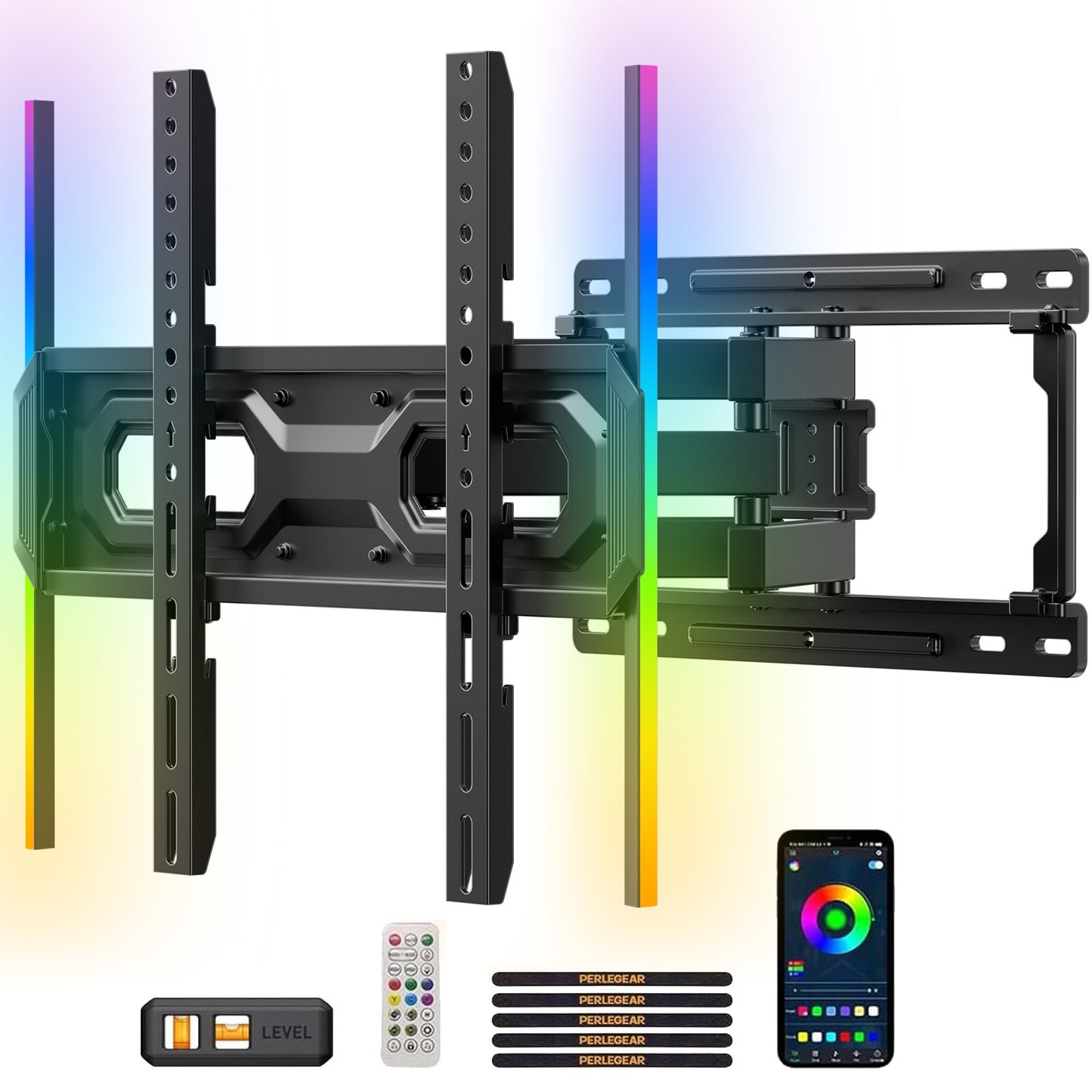 MountFTV Full Motion TV Wall Mount with Music-Sync LED Backlighting for 26-65 inch TVs up to 99 lbs, TV Wall Mount Bracket with Dual Articulating Arms, Swivel, Tilt, Fits 12″/16″ Wood Studs