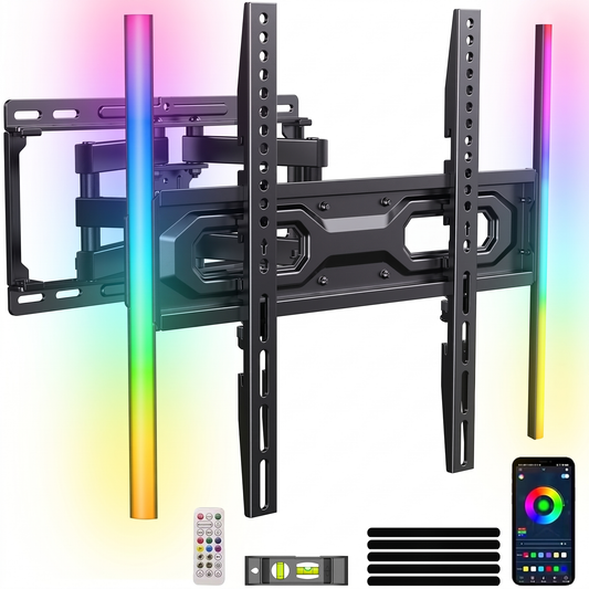 MountFTV Full Motion TV Wall Mount for 32-65" TVs, 88 lbs, RGB Music Sync LED Light, 16.4" Extension, Swivel & Tilt, Leveling, VESA 100x100-400x400mm, Fits 12"/16" Studs
