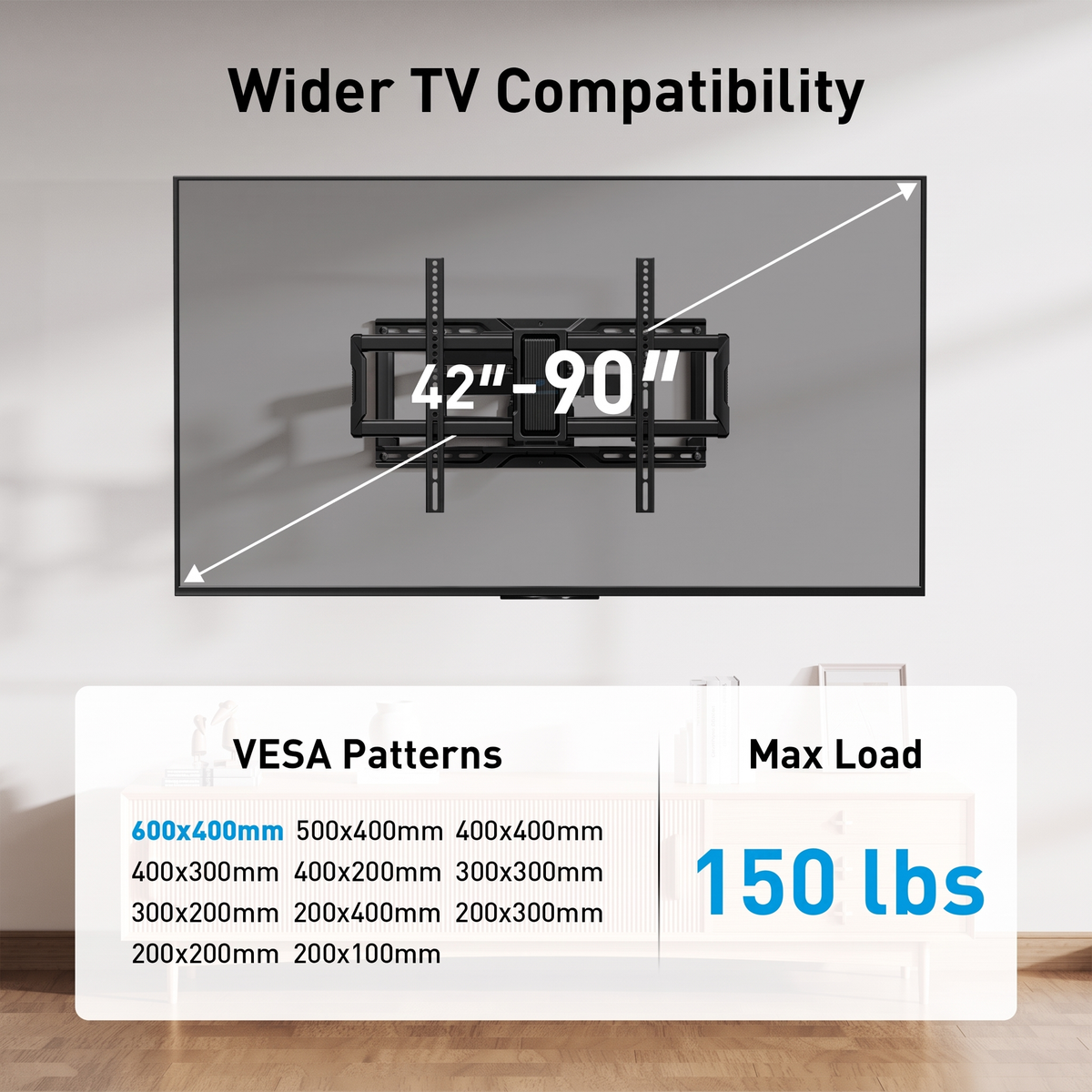 MountFTV Full Motion TV Wall Mount for 42-90 Inch TVs, Swivel Articulating TV Bracket, Supports up to 150 lbs, Fits VESA 200x100 to 600x400mm, for 12-24 Inch Wood Studs, Brick and Concrete Walls