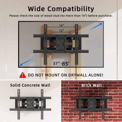 MountFTV Full Motion TV Wall Mount Bracket for Most 37-85 inch Flat Curved TVs, Holds up to 132 lbs, Max 600x400mm