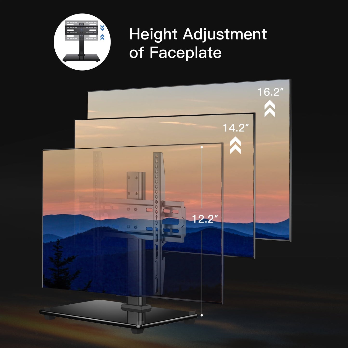 MountFTV Universal Swivel TV Stand for 32–55 inch TVs, Height Adjustable Table Top TV Stand Mount with Tilt, Tempered Glass Base, Holds up to 90 lbs, Max 400x400mm