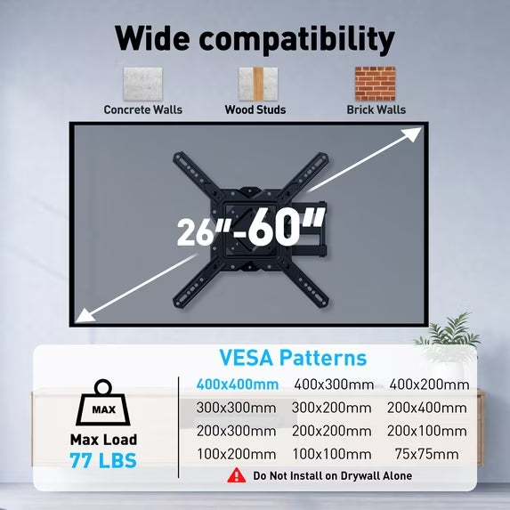 MountFTV Full Motion TV Wall Mount for 26-60 inch TVs, Three-Arm Rotatable Corner TV Mount Bracket with Extension, Swivel Tilt Level, Max 400x400mm, Holds up to 77 lbs, Single Stud