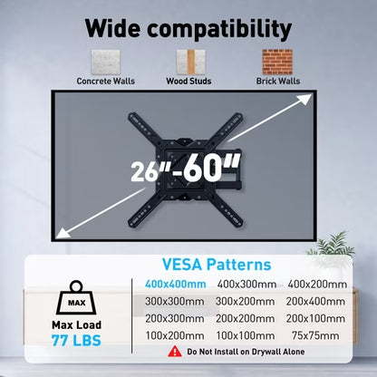 MountFTV Full Motion TV Wall Mount for 26-60 inch TVs, Three-Arm Rotatable Corner TV Mount Bracket with Extension, Swivel Tilt Level, Max 400x400mm, Holds up to 77 lbs, Single Stud