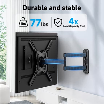 MountFTV Full Motion TV Wall Mount for 26-60 inch TVs, Three-Arm Rotatable Corner TV Mount Bracket with Extension, Swivel Tilt Level, Max 400x400mm, Holds up to 77 lbs, Single Stud
