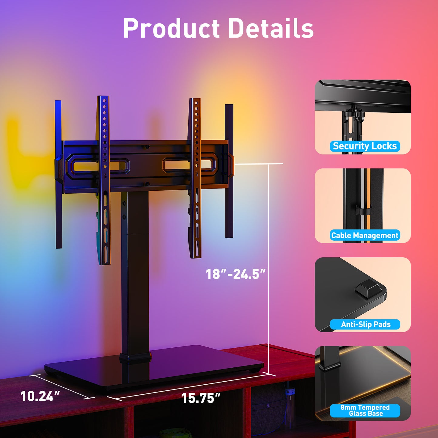 MountFTV Universal Table Top Swivel TV Stand with LED Lights for 32-70 inch TVs, 9 Height Adjustable Tabletop tv stand Mount with 35° Swivel and Tilt , Holds up to 88 lbs, Max 400x400mm