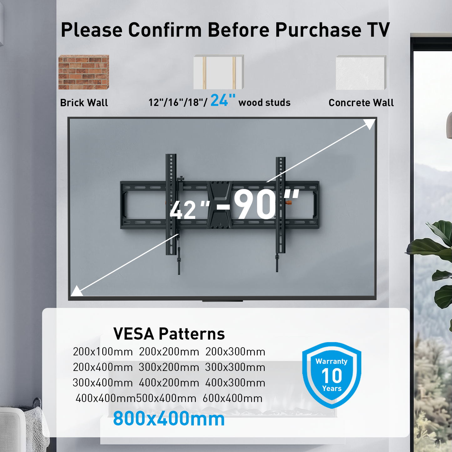 MountFTV Large TV Wall Mount for 42-90" TVs,Tilting TVs Mount Holds 132lbs,Max 800x400mm,16", 18", 24" Studs,with Level Adjustment,Wall Mount TV Bracket