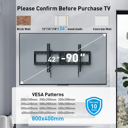 MountFTV Large TV Wall Mount for 42-90" TVs,Tilting TVs Mount Holds 132lbs,Max 800x400mm,16", 18", 24" Studs,with Level Adjustment,Wall Mount TV Bracket